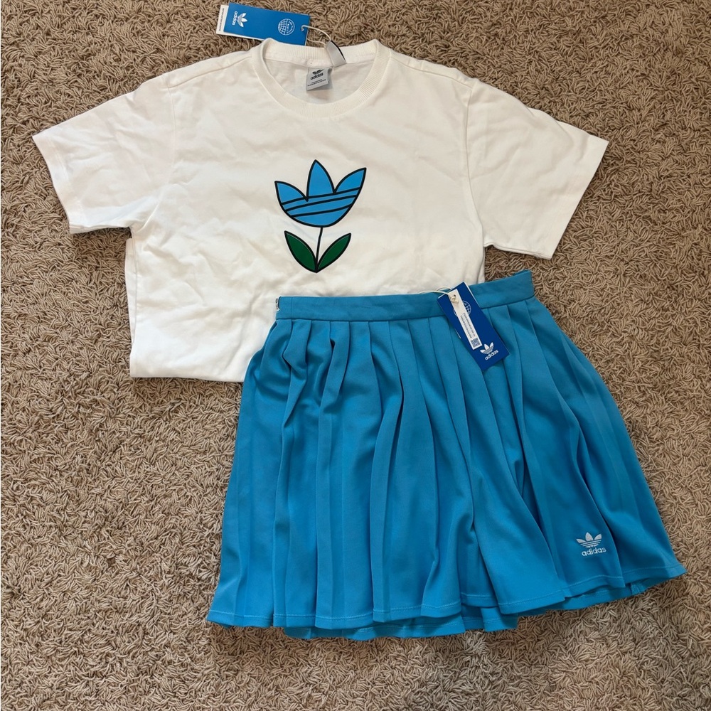 Adidas White Tee and Blue Pleated Skirt